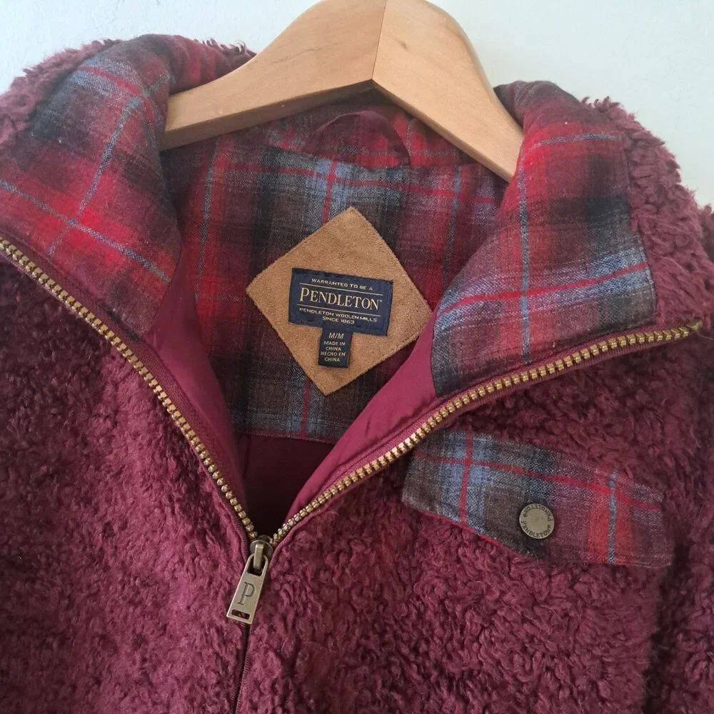 Pendleton Deep Pile Sherpa Burgundy Red Full Zip Plaid Women’s Medium Jacket - Picture 2 of 9